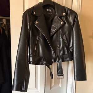 ZARA Black Faux Leather Biker Jacket with Belt